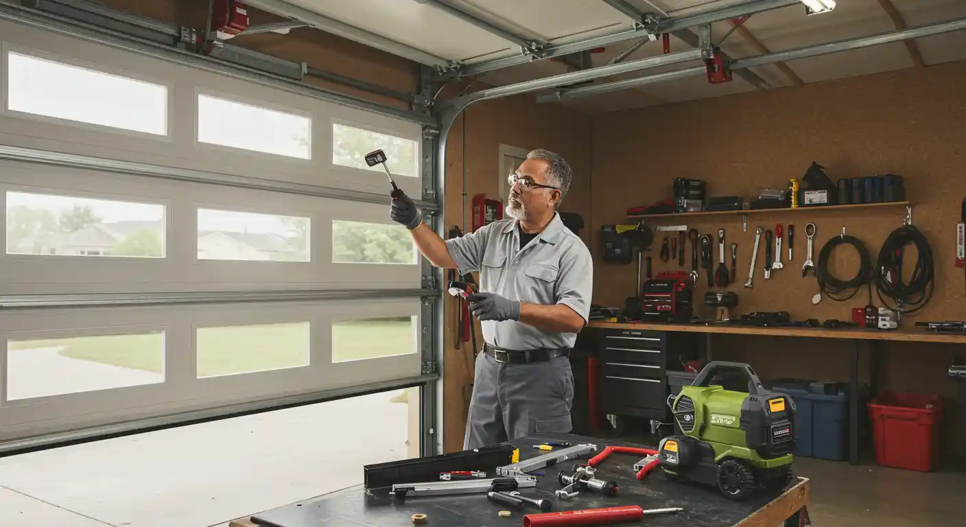A friendly and experienced repair technician working on a door, showcasing their professionalism